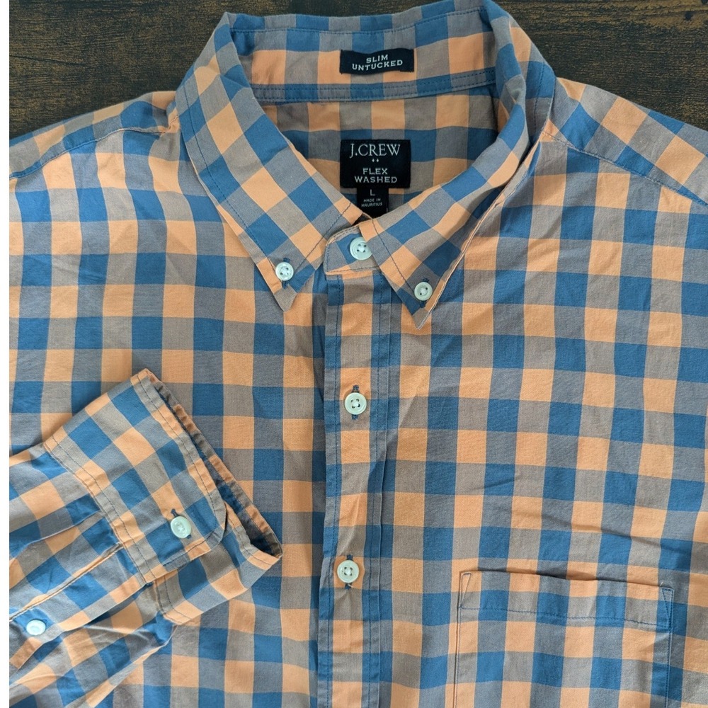 J.Crew Button Down Shirt Blue Orange Gingham Slim Untucked Sz L Preppy Casual